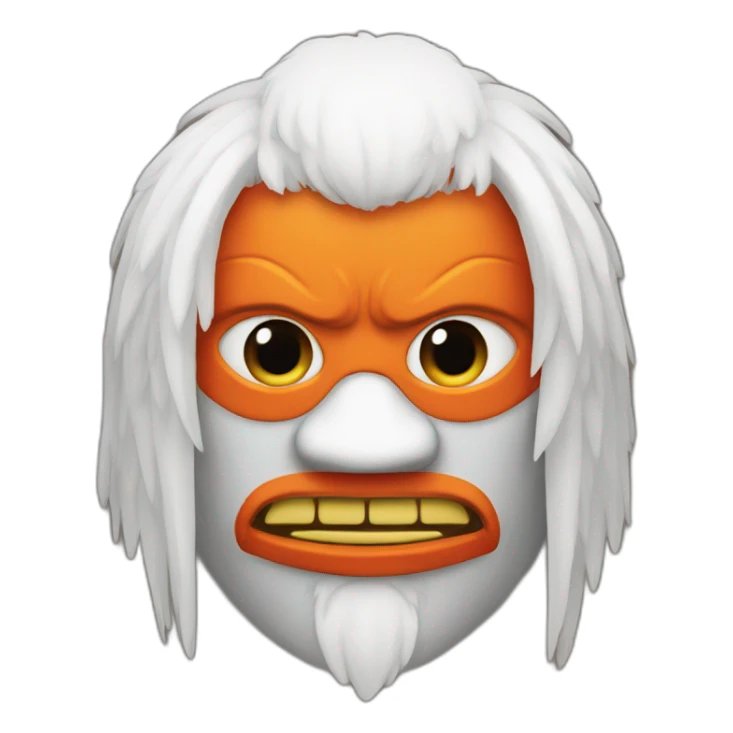 a tengu mask with a orange afro hair sticker