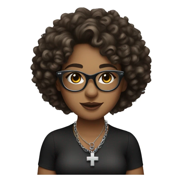 Make a girl with curly haired brown leopard glasses with a silver cross necklace around her neck and a black cleavage top sticker