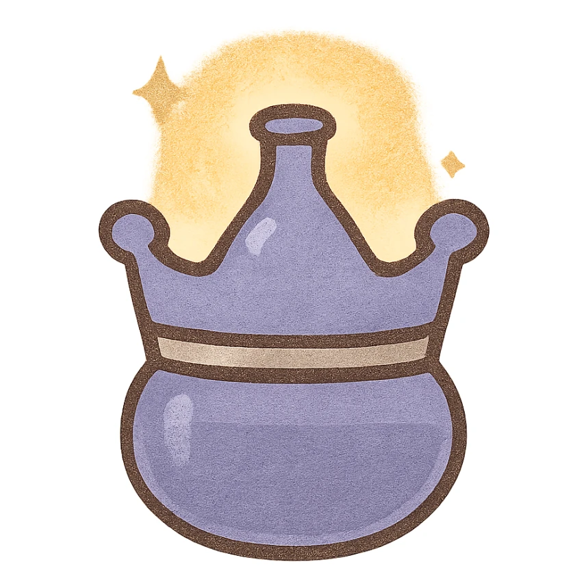 minimalist small crown-shaped luxurious elixir bottle, color #7986cb, subtle silver accents, soft magical glowing effect, very small neck, seamless bottom, floating, no base or shadow, modern, matching a collection sticker