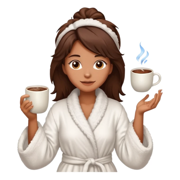 {
      "type": "human",
      "look": "fluffy robe woman, messy hair, holding cup of cocoa",
      "description": "a woman in a fluffy robe with messy hair, holding a cup of cocoa"
    } sticker