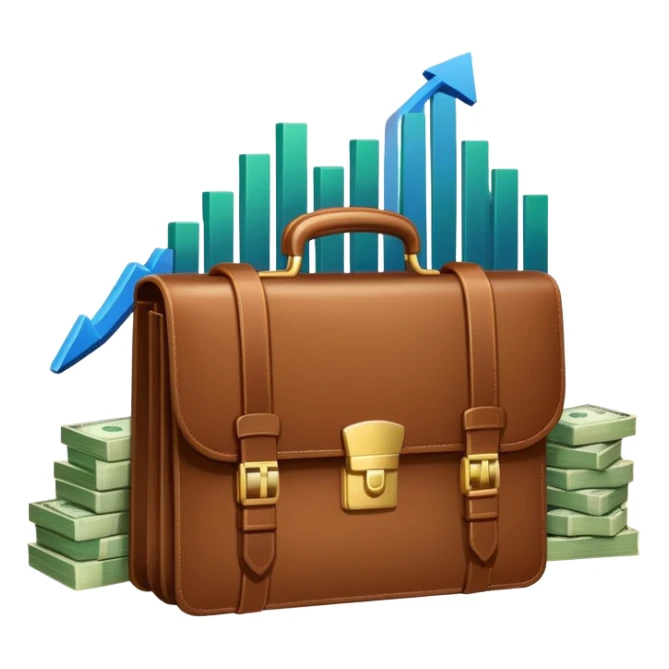 An icon showing a briefcase, a stack of money, and a graph with upward growth, representing business and entrepreneurship. The design highlights innovation, investment, and success in the world of startups and corporate ventures. Transparent background emphasizes the dynamic nature of business. sticker