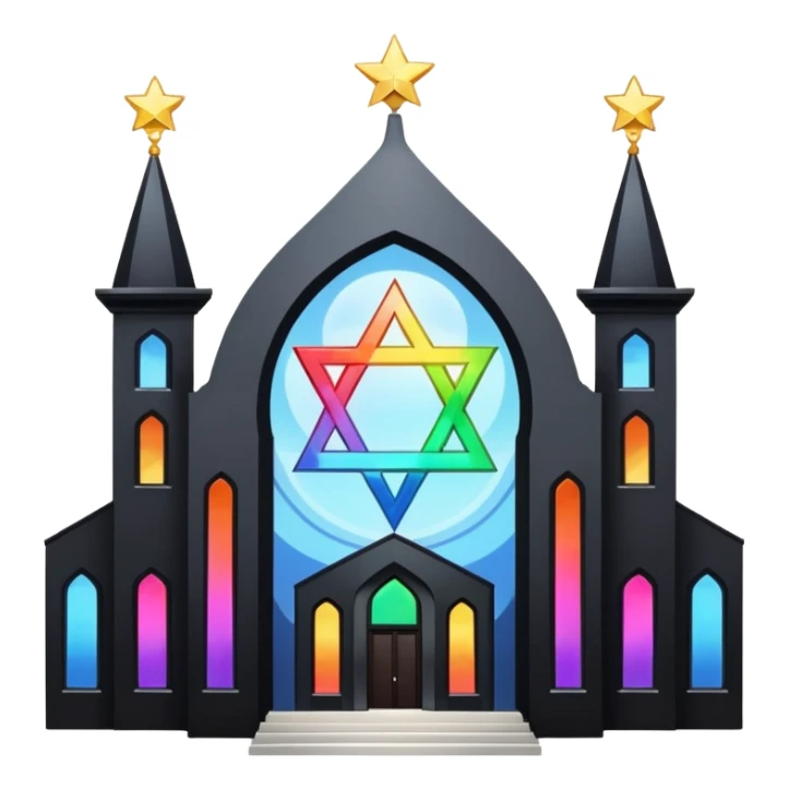 jewish synagogue temple in dark goth aesthetic style with black building and light rainbow tint glass windows and star of david and celestial symbolism sticker