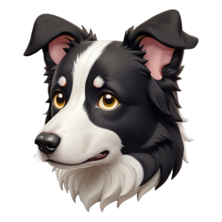 Cinematic Grumpy Black and White Border Collie Portrait Emoji, Head tilted slightly with a deeply unimpressed expression, showcasing a dense black and white coat with intense eyes narrowed into an unamused glare, ears slightly drooping in exasperation, Simplified yet comically expressive features, highly detailed, glowing with a dry, sarcastic glow, high shine, effortlessly judgmental yet dignified, stylized with a touch of cynicism, bright but brooding, soft glowing outline, capturing the essence of an eternally unimpressed yet determined herder, so lifelike it feels like it could sigh heavily at you in disdain at any moment! sticker