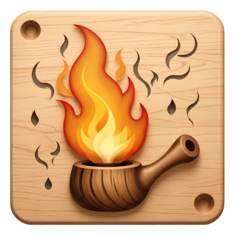 Pyrography icon, burning tool creating a detailed design on wood, visible heat marks and intricate patterns forming, smoke rising, wood texture, minimalistic style, clean lines, transparent background. sticker