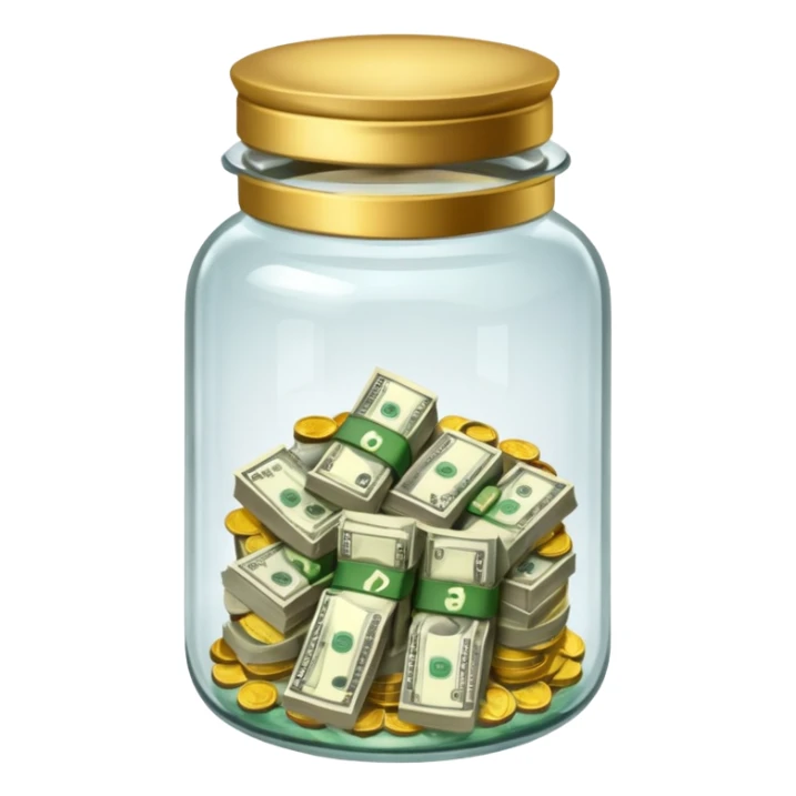 glass tip jar emoji style, simple with cash and coins sticker