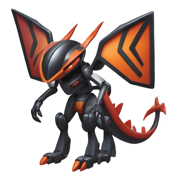a shiny metallic black-red-orange Genesect-Flygon-Raptor-Fakémon-Medabot-hybrid with a futuristic visor-helmet full body sticker