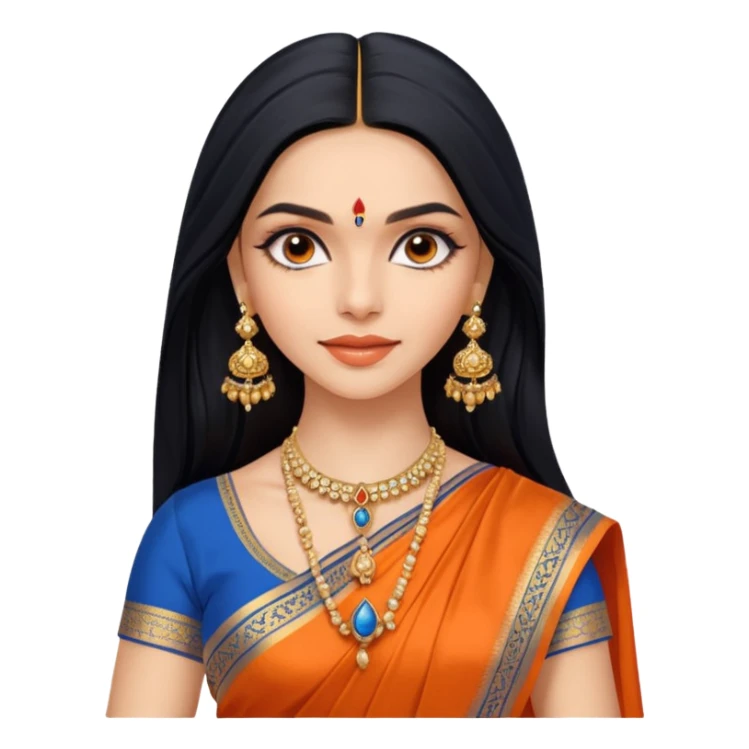 generate a pretty bratz Deepika Padukone with long black hair middle parted.
Wearing an orange saree with a blue blouse, golden jhumkas
 sticker