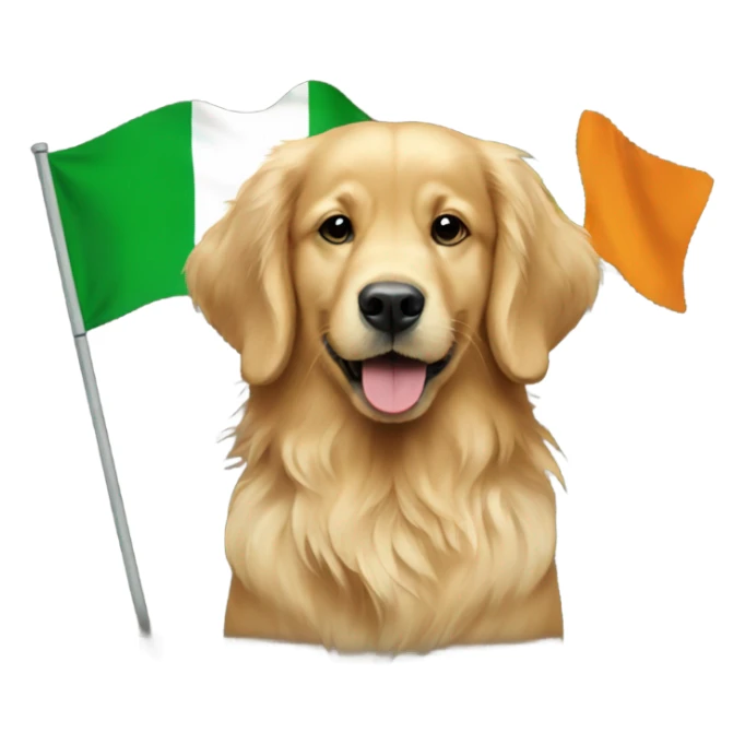 A golden retriever with a Ireland flag  sticker
