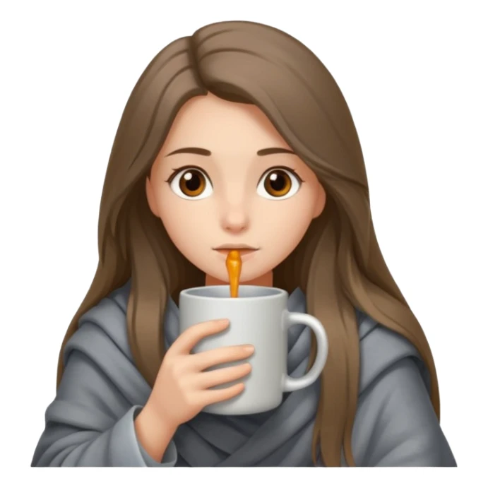 Brown-eyed, fair-skinned girl with long hair down to her shoulders, wrapped in a gray blanket, drinking from a New Year's mug sticker