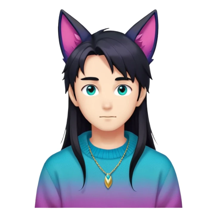 anime man with long-straight-dark-black hair, long black fox ears with pink Scapha, colorful-gradient-brown-turquoise eyes, gold earring, dark-blue-sweater, white pupils,  sticker