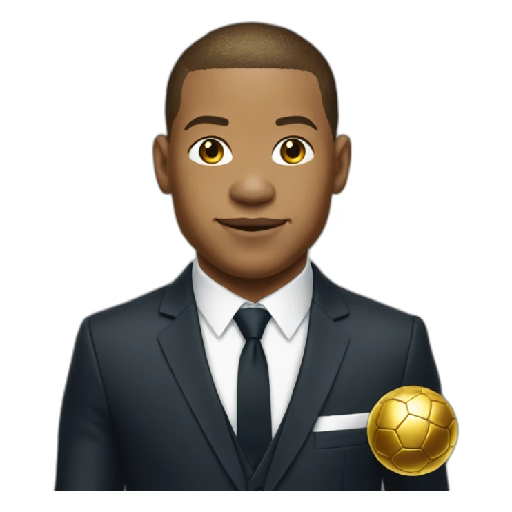 Mbappé in a suit and tie with a golden ball sticker
