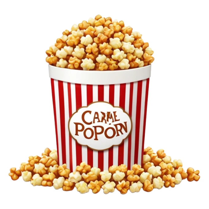 large package of caramel popcorn, red and white vertically striped package with thick stripes, golden brown caramel popcorn visible at the top, no text or labels on package, only stripe pattern, authentic Apple emoji style with glossy finish, prominent package size sticker