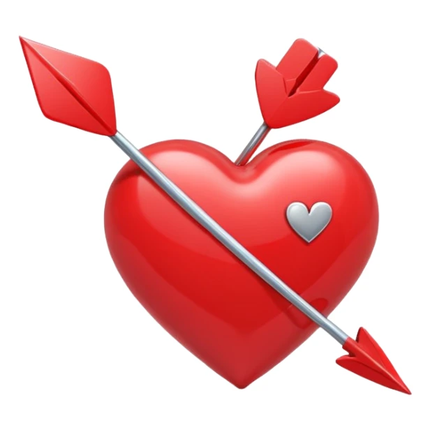 Apple-style 3D illustration of a glossy red heart pierced by a horizontal double-ended arrow. One end of the arrow has a small female symbol, the other end has a small male symbol. The heart is centered, shiny, with soft shadows, floating on a clean white background, minimal and emotional design sticker