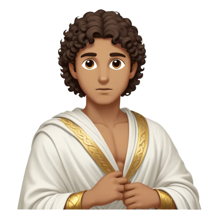 Cinematic Realistic Hercules Portrait, depicted as a classical Greek hero inspired by the Disney version yet echoing the refined proportions and serene dignity of Michelangelo's David. His idealized, tan skin glows with timeless strength, and his thick, curly wavy dark brownhair falls in natural, sculpted curls. Draped in a flowing white robe with delicate golden accents, his expressive eyes radiate determined nobility, all rendered under dynamic natural lighting with a mythic, radiant glow. sticker