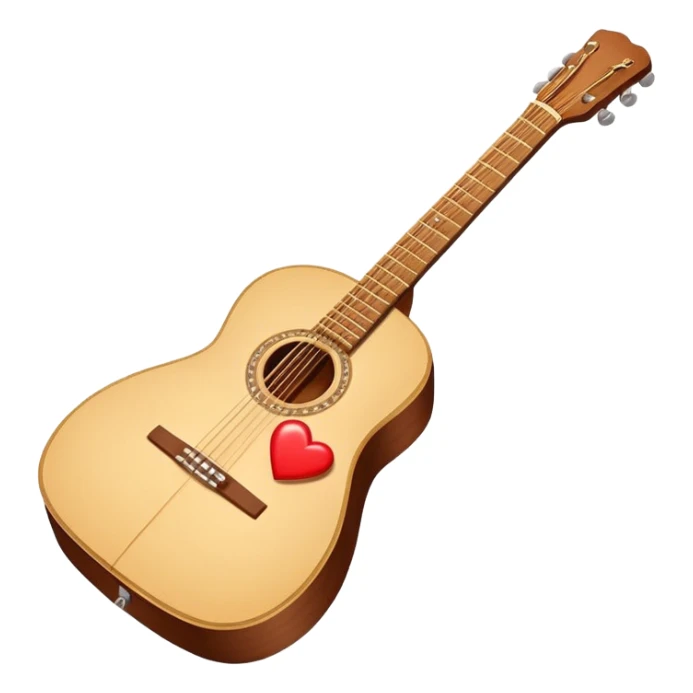 “Flat vector icon of a Cuban tres guitar in three-quarter view, warm brown, thick outline, centered on a warm cream or beige rounded-square (or circle); near the soundboard add a small red or pink heart with a soft glow and 2–3 tiny sparkles to suggest ‘soul’.  sticker