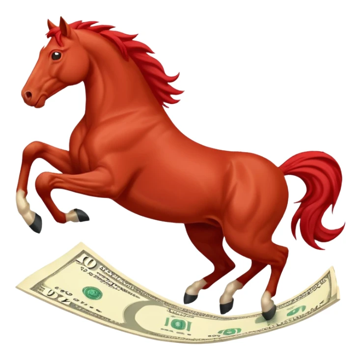 red horse agressive jumping across money bill sticker