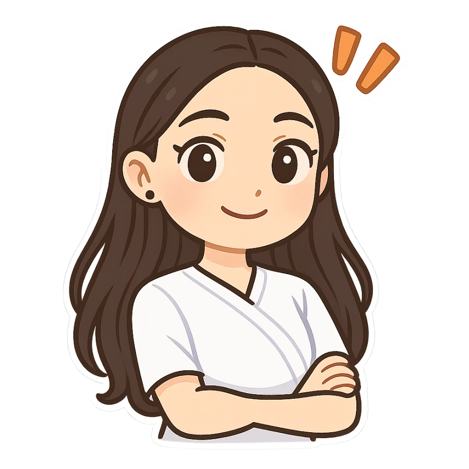 3D chibi bitmoji style sticker of the girl from the reference image, with long dark hair and wearing a white medical top, showing a kind and smart face with exclamation marks, with a white outline and transparent background. sticker