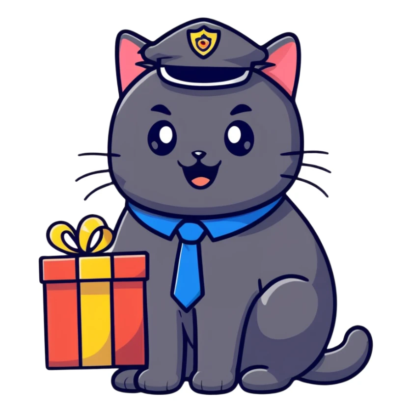 black cat police chief receiving birthday gift, surprised expression, cartoon style, suitable for emoji sticker sticker