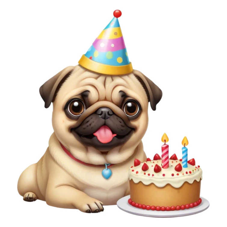 Pug with a birthday hat & a 15 year-old birthday cake eating chicken. sticker