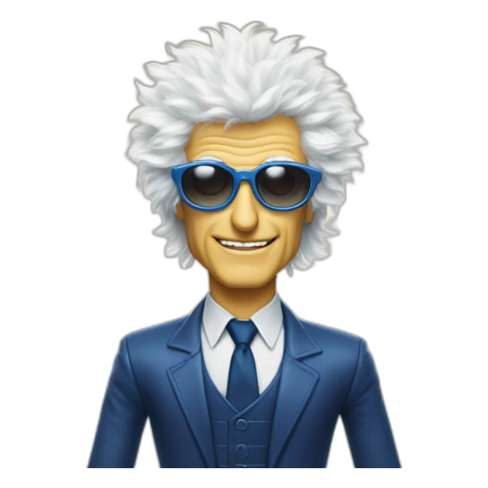michel polnareff avec des lunettes de soleil blanches, des cheveux longs jaunes et raides, vieux, avec un costume bleu et expression de visage neutre sticker