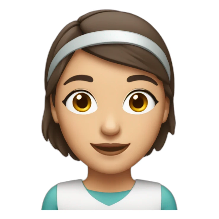 short hair brunette woman smiling with headband at computer sticker