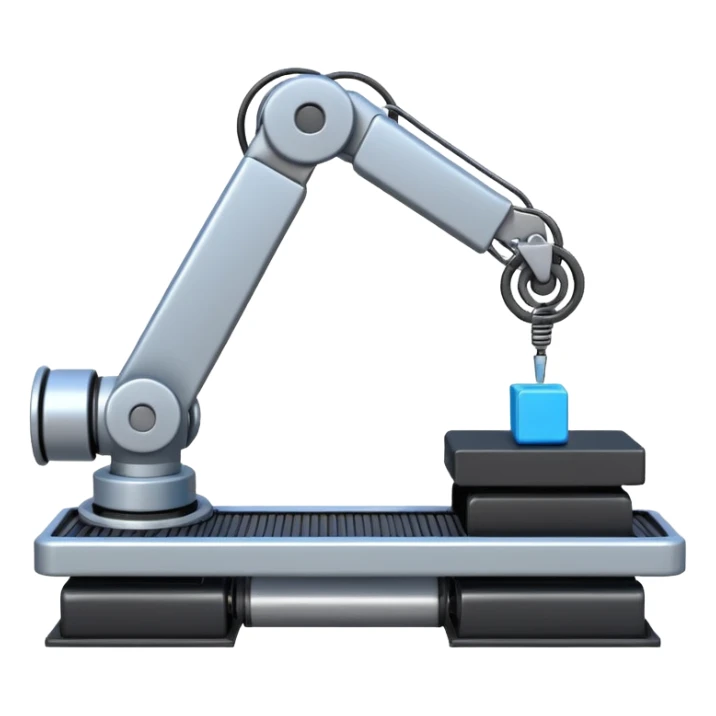 robot arm which is picking blue block on conveyor belt sticker