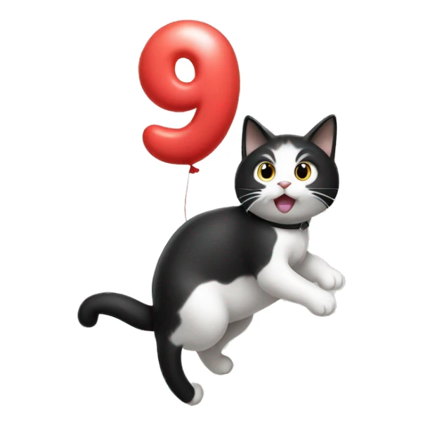 Black and white cat climbing on a balloon shaped like the number 9 sticker