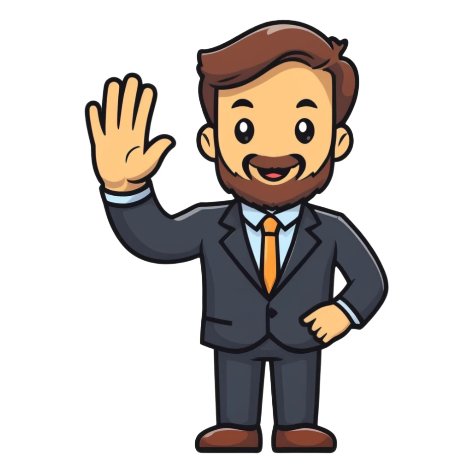 cheerful bearded businessman in suit waving hello sticker