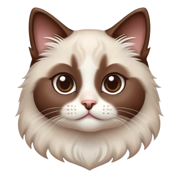 Cinematic Adorable Chocolate-Point Ragdoll Cat Portrait Emoji, Head tilted cutely with big, sparkling eyes, sleek brown and white tones with a sweet white nose, Simplified yet irresistibly adorable features, highly detailed, glowing with a soft, warm glow, high shine, affectionate and playful, stylized with a touch of whimsy, bright and endearing, soft glowing outline, capturing the essence of a curious and loving kitten, so cute it feels like it could leap out of the screen and snuggle up for a cuddle! sticker