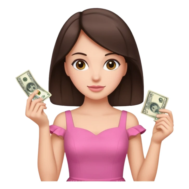 brunet Woman wearing pink dress holding dolar sticker