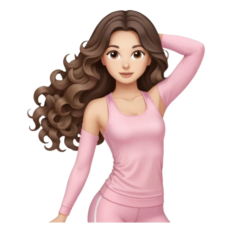 beautiful brunette with a light balayage white girl with nice defined and long curls , very long hair, clean girl makeup STRETCHING IN LIGHT PINK GYM sticker