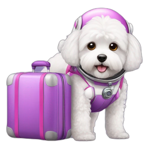 a white maltipoo as purple astronaut with a pink luggage sticker