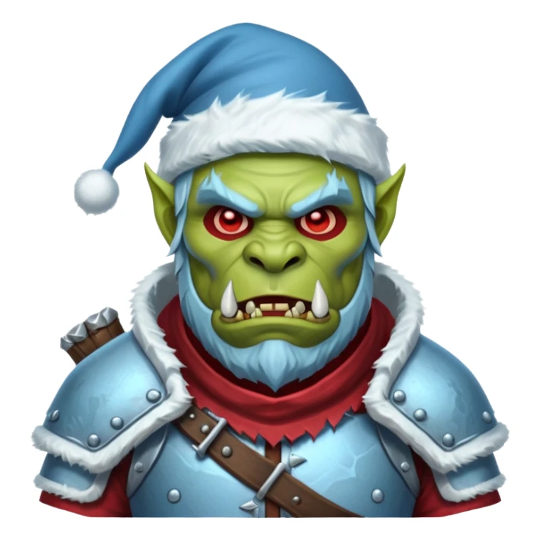 
Fantasy Christmas orc legion soldier icon, iron tundra army theme, heavy winter armor, disciplined brutal look, icy blue steel armor with deep crimson accents, frozen metal texture, cold winter atmosphere, male variant sticker