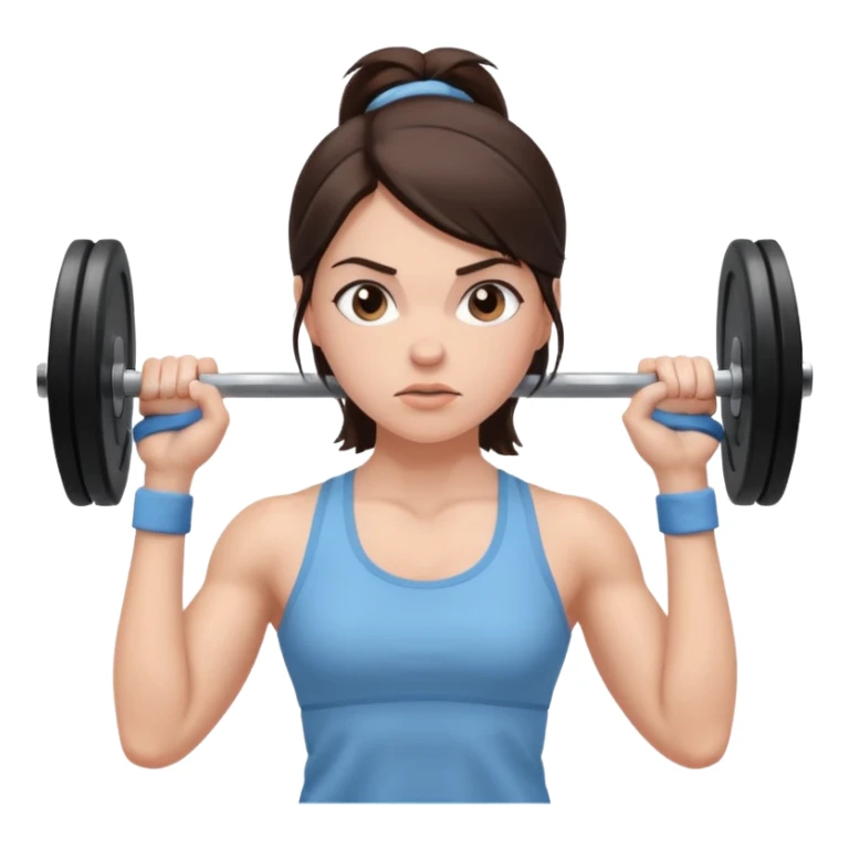 brunette woman in light blue gym clothes lifting a barbell, determined expression, clean background sticker