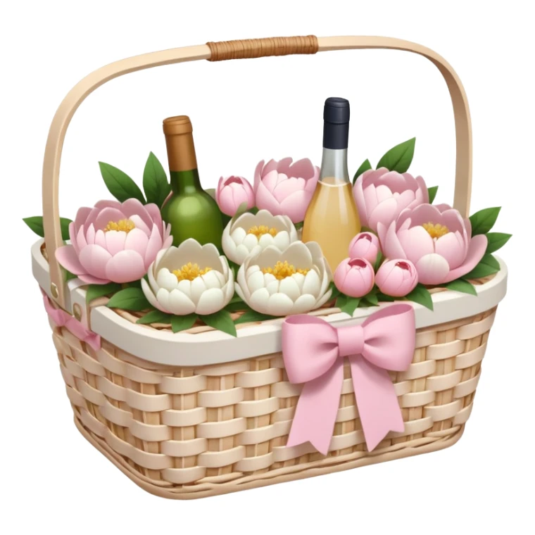 White Picnic basket with light pink bow and white peonies inside sticker