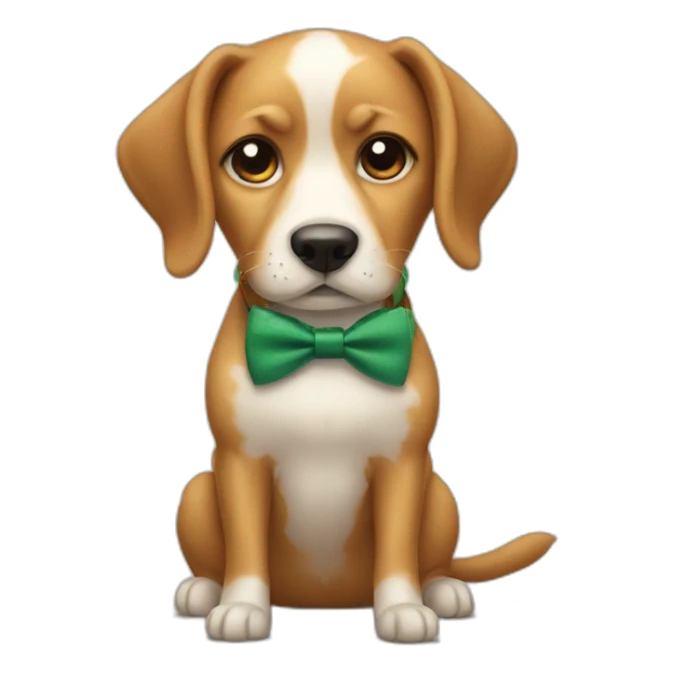 A dog with the bowtie eating an apple sticker