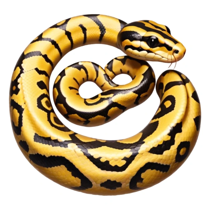 A photo-realistic top-down view of a Ball Python gently coiled into a tight spiral, with its head resting peacefully at the center. Its scales are warm brown with bold, irregular black markings, including the distinctive “alien-head” pattern, flowing smoothly along its body.  sticker