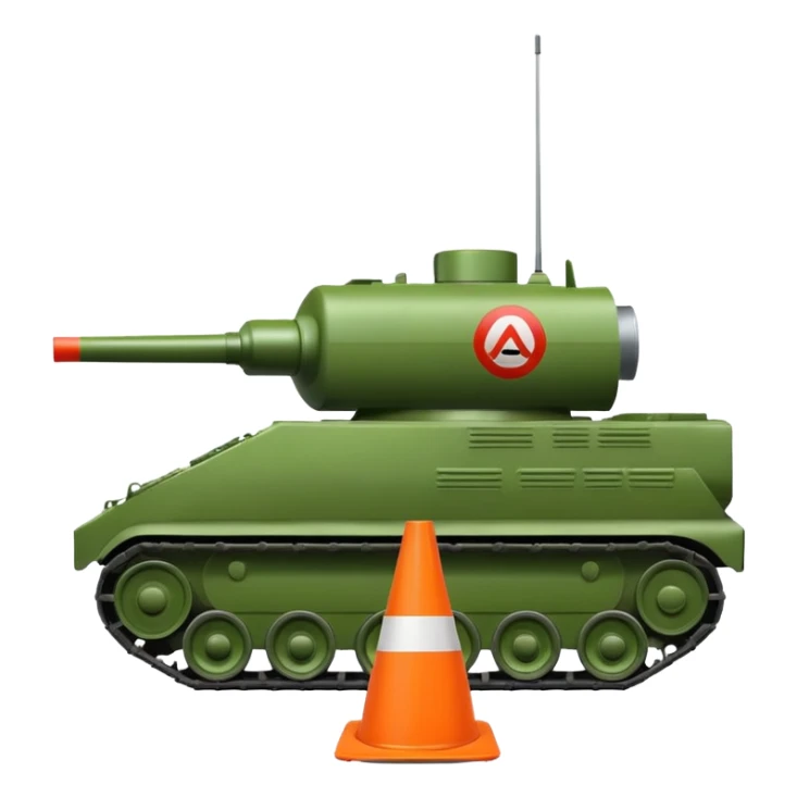 green military tank rolling over a traffic cone with a sad face, the cone is underneath the tank's treads, emoji style sticker