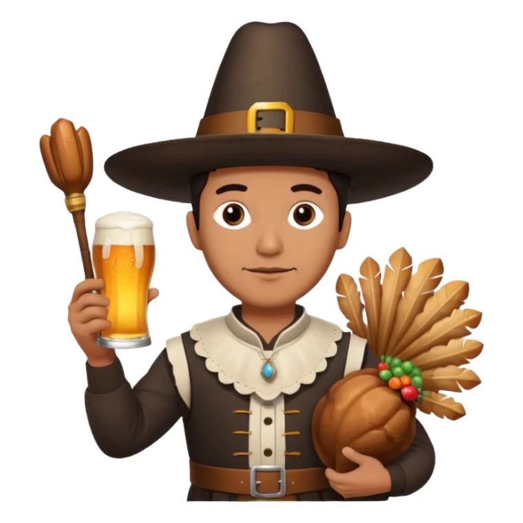 Mexican man dressesd as  Thanksgiving pilgram holding a large drumstick and Corona beer sticker