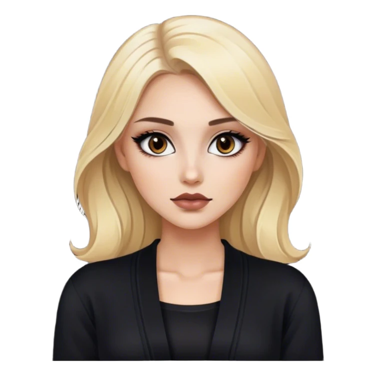 Blonde model with brown eyes, black cardigan, luxury makeup sticker