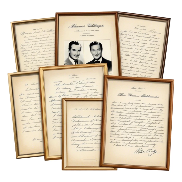 Icon for Autograph Collecting: several vintage framed with signatures of famous celebrities sheets stacked one on top of the other, each . The icon should evoke the charm and history of collecting autographs. Transparent background. sticker