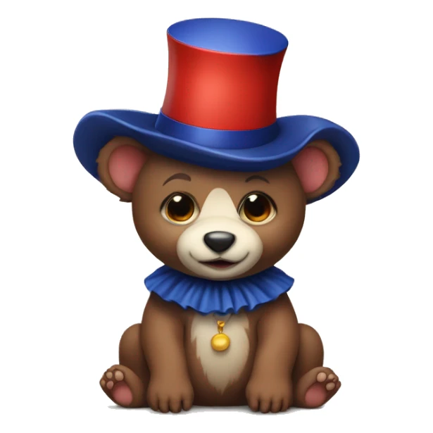 Brown baby bear. Wearing jester collar and a clown hat. The clown accessories are Navy and red and white. sticker