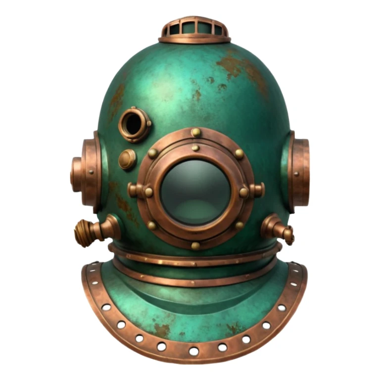 3D render of Antique Diver Helmet, heavily oxidized copper texture, verdigris patina, Bronze helmet with heavy green crust, weathered bronze aesthetic, ancient decay, emoji style, isolated on white background --v 6.0. sticker