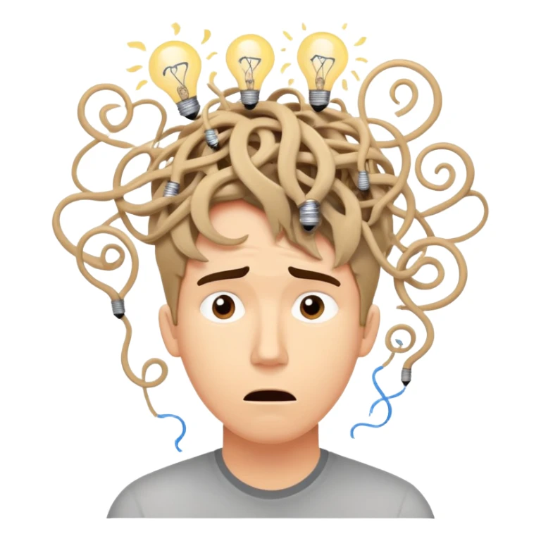 Person with a chaotic mind, swirling tornado of tangled thoughts around their head, containing question marks, light bulbs, and scribbles. The person has a bewildered, overwhelmed expression. sticker