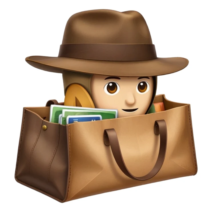 shopping bag with an Indiana Jones hat on top sticker