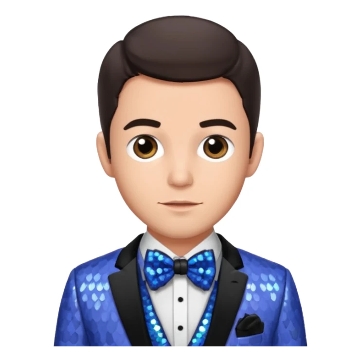 Jonathan Bailey with dark brown hair, periwinkle sequin suit with bow tie sticker