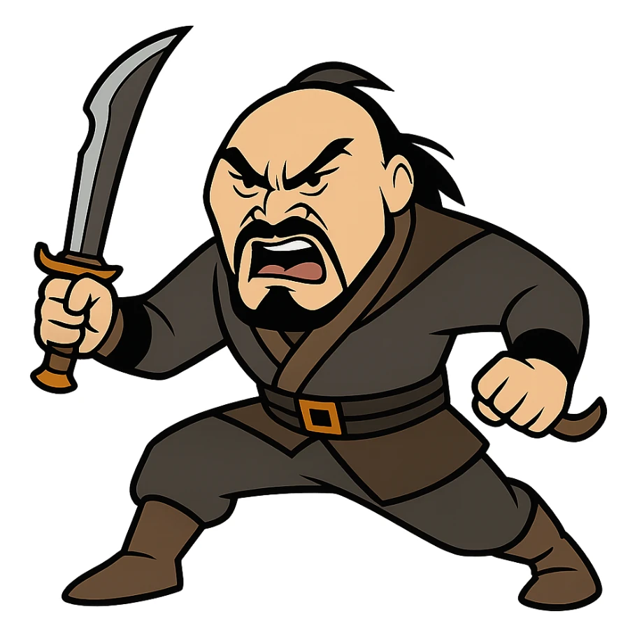 Show Shan Yu in a dynamic battle stance, full body, holding a weapon, looking seriously pissed off, transparent background, in the style of sticker (cartoonish stickers) sticker