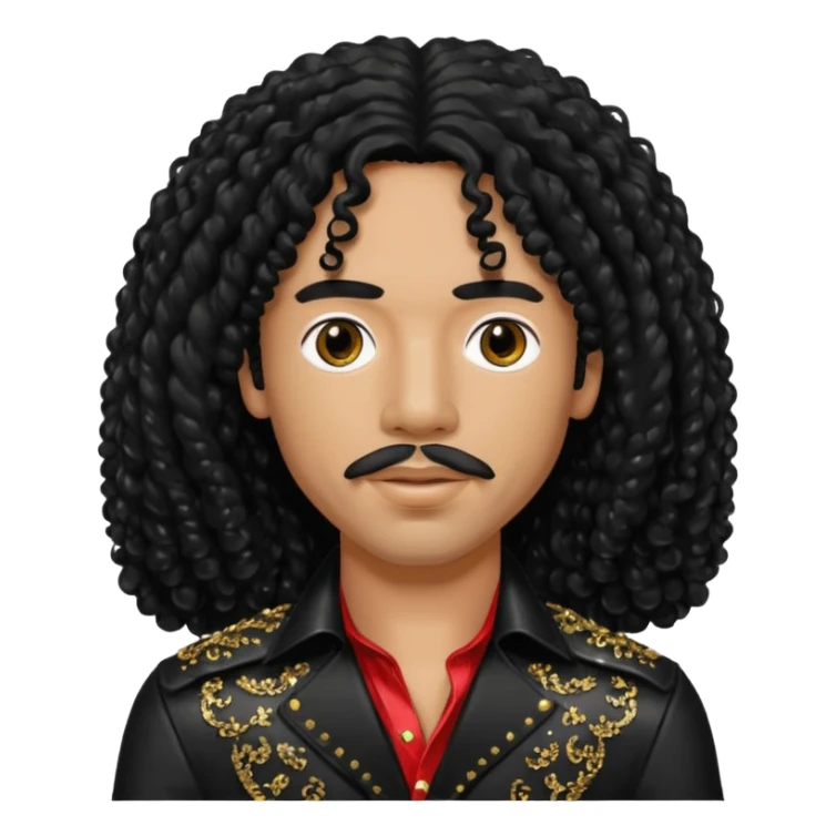 Rick James with long black curly hair and thin mustache, black sequin outfit sticker