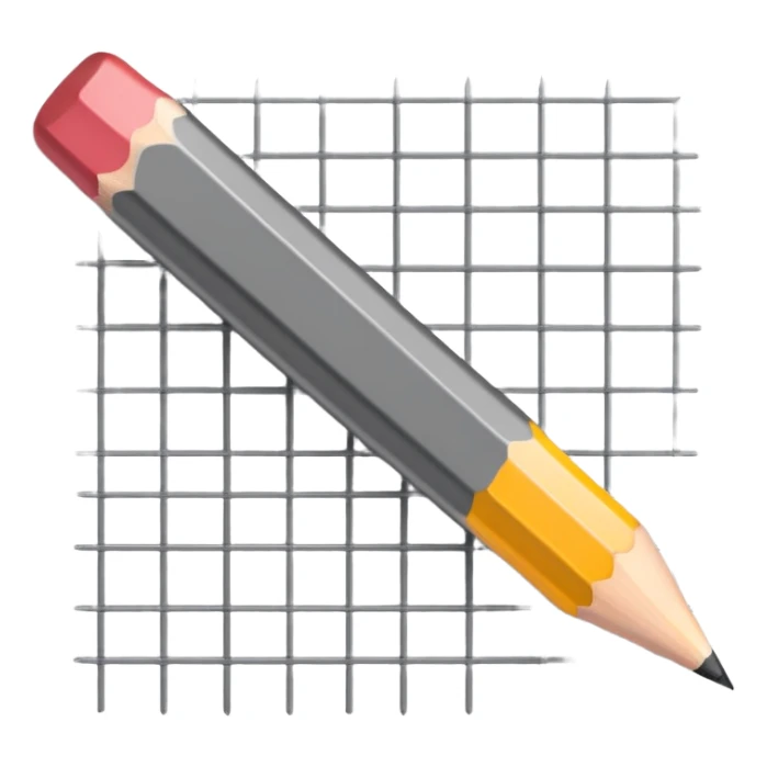 A pencil placed over a square grid, representing the sketching phase of a logo sticker