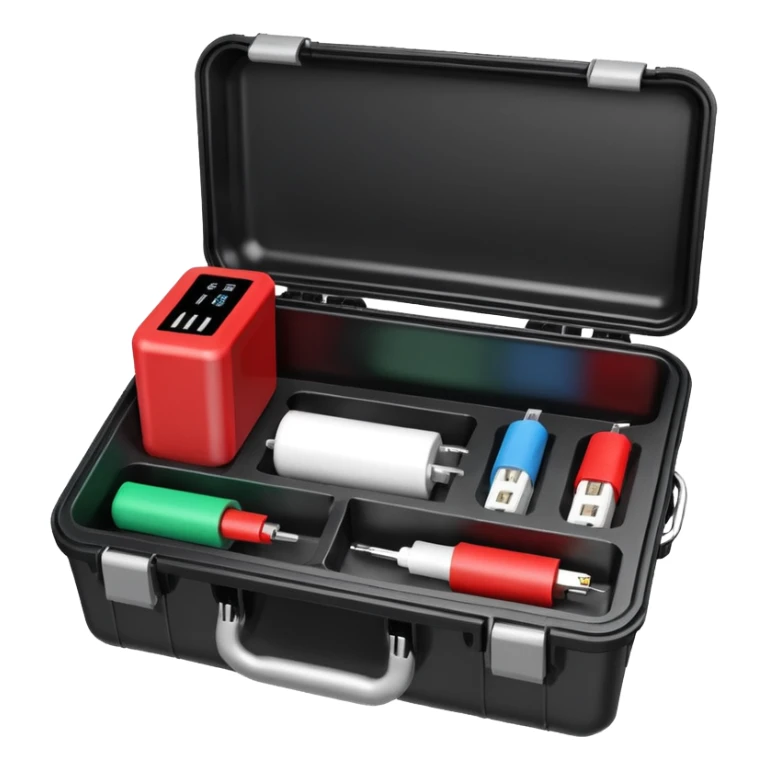 An open black hard-shell test case, inside: a power outlet, USB port, and colored test sockets. A large roll of white test labels lies next to the equipment, along with a red test probe. sticker